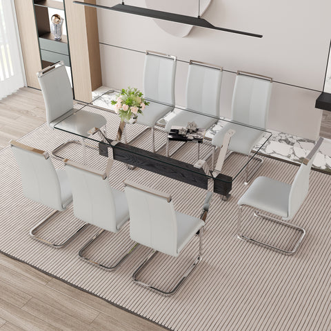 Elegant 8-Seater Dining Set: 71" Clear Tempered Glass Table &amp; 8 Light Gray PU Chairs with Silver Metal Legs for Modern Kitchens &amp; Dining Rooms