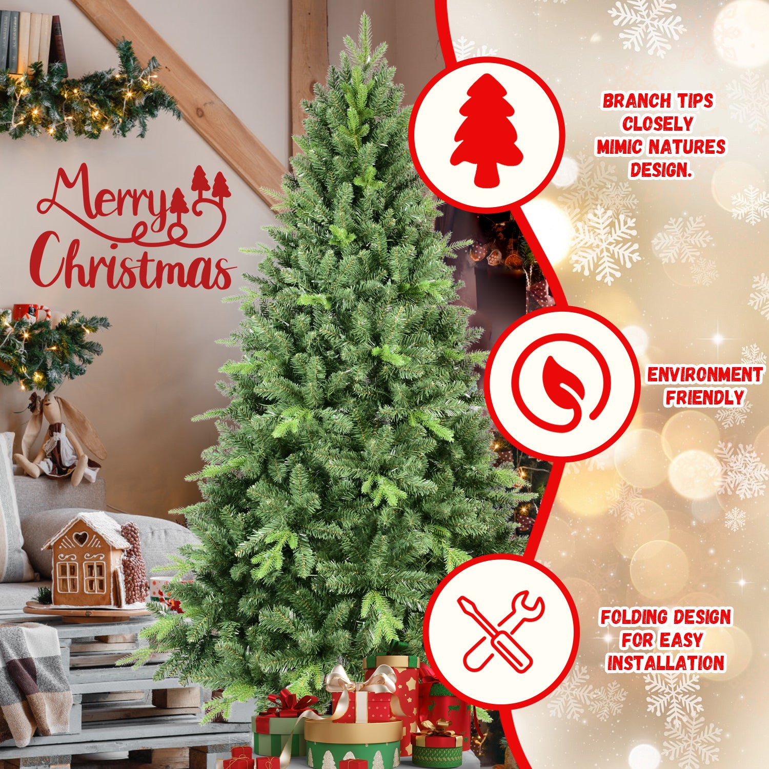 7.5FT Classic Green Christmas Tree with 2155 PE+PVC Tips - Realistic Hinged Branches, Easy Assembly, Stable Metal Stand, Full Natural Look for Holiday Home Decor