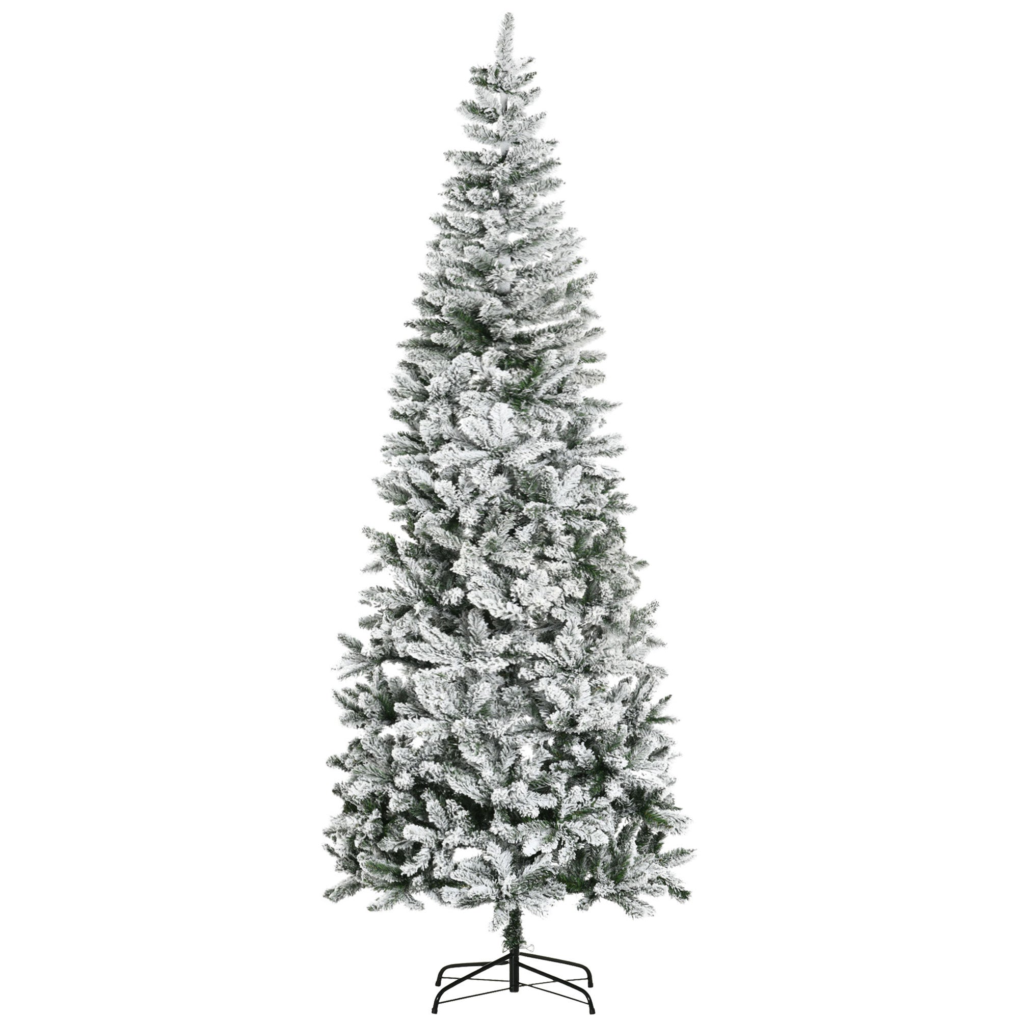HOMCOM 9ft Slim Snow-Flocked Pine Artificial Christmas Tree, Realistic 1084 Tips, Green Plastic, Auto-Open for Festive Home Decor, Sturdy Steel Base