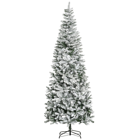 HOMCOM 9ft Slim Snow-Flocked Pine Artificial Christmas Tree, Realistic 1084 Tips, Green Plastic, Auto-Open for Festive Home Decor, Sturdy Steel Base