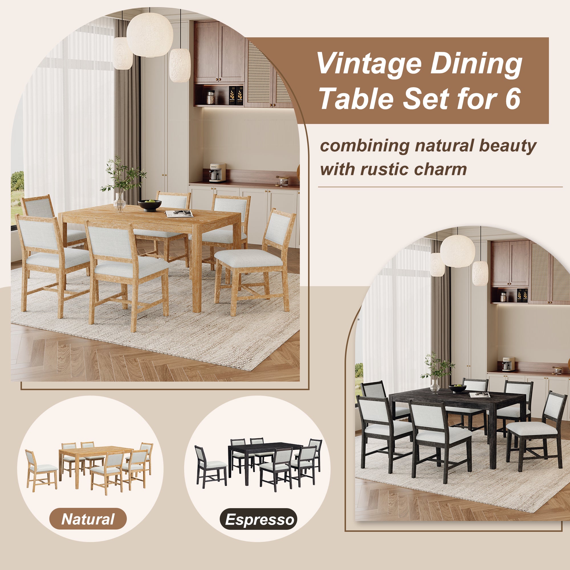 TREXM 7-Piece Retro Rectangular Wood Dining Table Set for 6 - Natural Oak Veneer & MDF with Upholstered Foam Chairs - Spacious Kitchen & Dining Room Furniture - Durable Solid Wood Legs