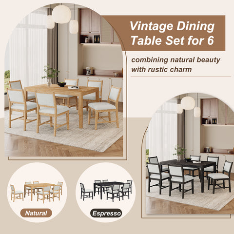 TREXM 7-Piece Retro Rectangular Wood Dining Table Set for 6 - Natural Oak Veneer & MDF with Upholstered Foam Chairs - Spacious Kitchen & Dining Room Furniture - Durable Solid Wood Legs