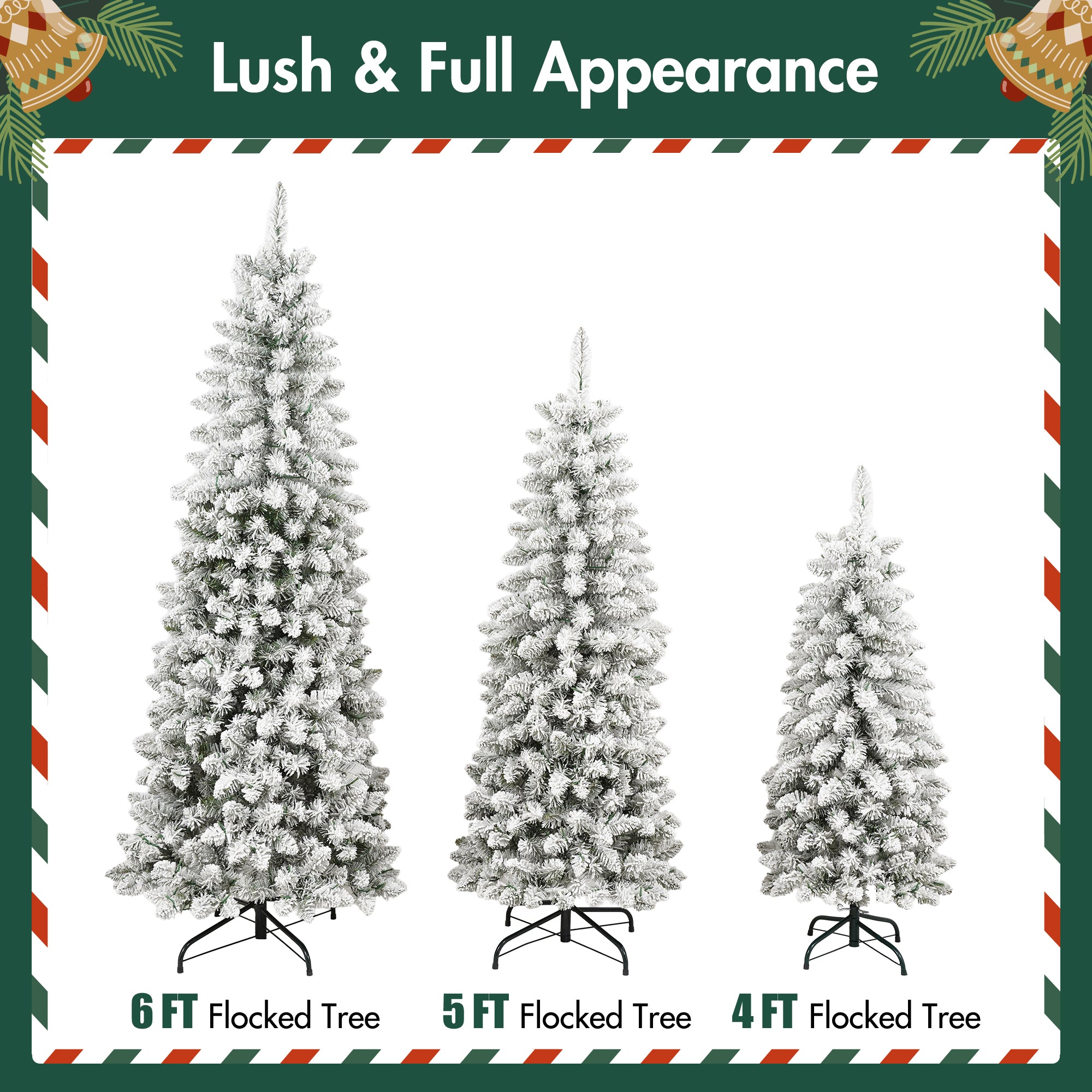 3 Pcs Flocked Artificial Christmas Trees Set w/ Warm White LED Lights, 4ft 5ft 6ft Snow-Covered Pine Tree Decor for Indoor Holiday Parties, Easy Assembly, Dense PVC Tips, Metal Stand, Green/White
