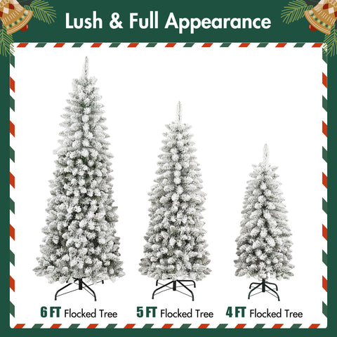 3 Pcs Flocked Artificial Christmas Trees Set w/ Warm White LED Lights, 4ft 5ft 6ft Snow-Covered Pine Tree Decor for Indoor Holiday Parties, Easy Assembly, Dense PVC Tips, Metal Stand, Green/White