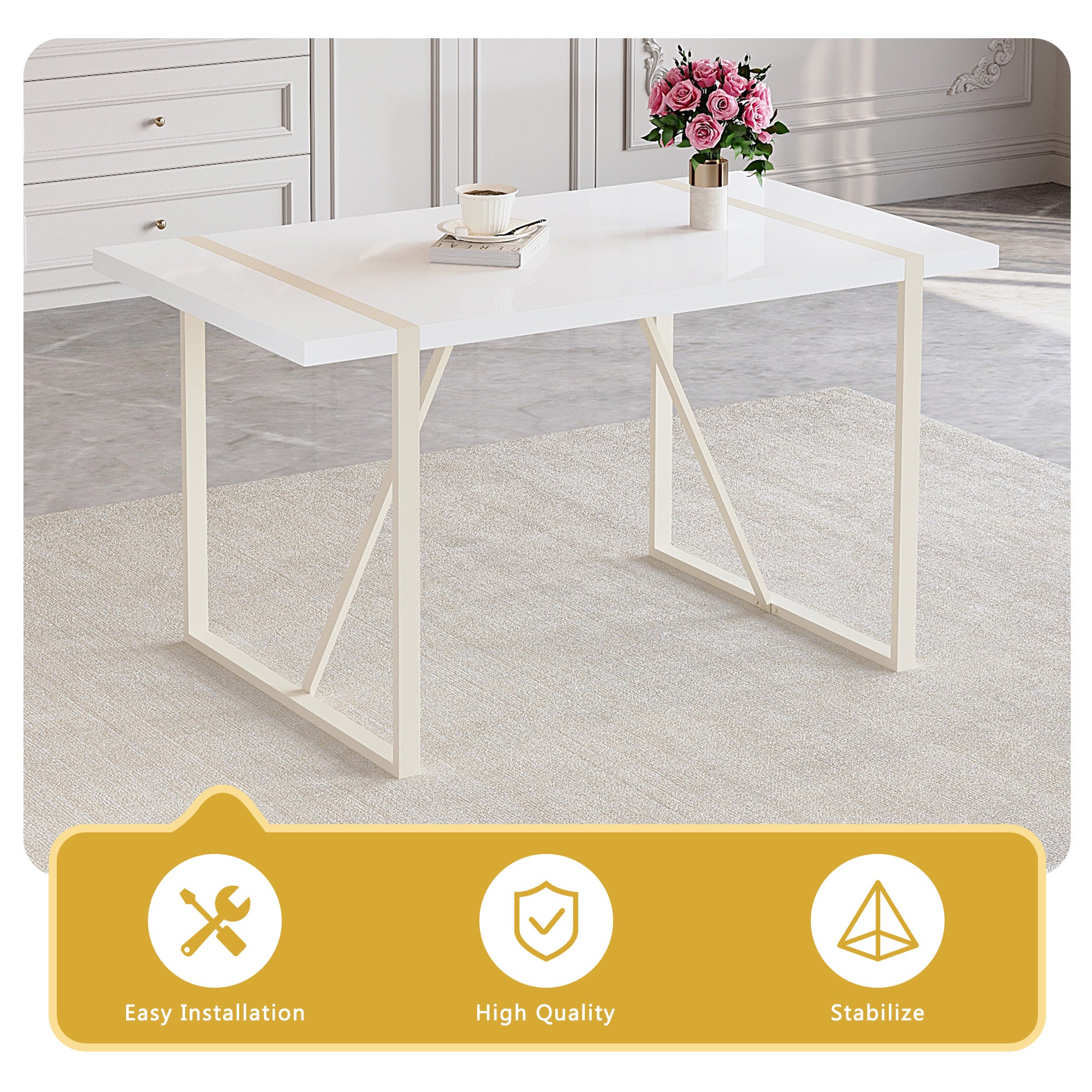 55" Cream-Style White MDF Dining Table Set with 6 Black PU Chairs & Silver Metal Legs - Modern Kitchen Furniture for Family Meals, Seats 6, Durable & Easy Assembly