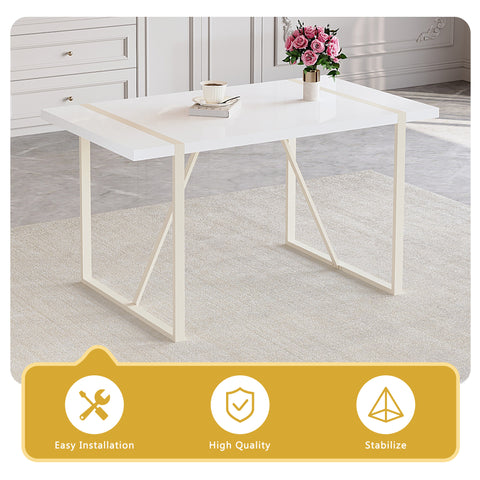 55" Cream-Style White MDF Dining Table Set with 6 Black PU Chairs & Silver Metal Legs - Modern Kitchen Furniture for Family Meals, Seats 6, Durable & Easy Assembly