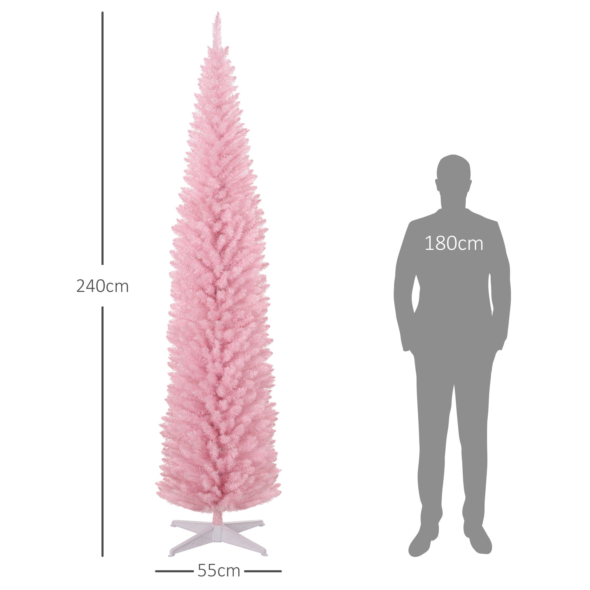 HOMCOM 8ft Pink Artificial Pencil Christmas Tree | Slim Xmas Tree with 618 Realistic Branch Tips & Plastic Stand | Flame Retardant for Home Decor