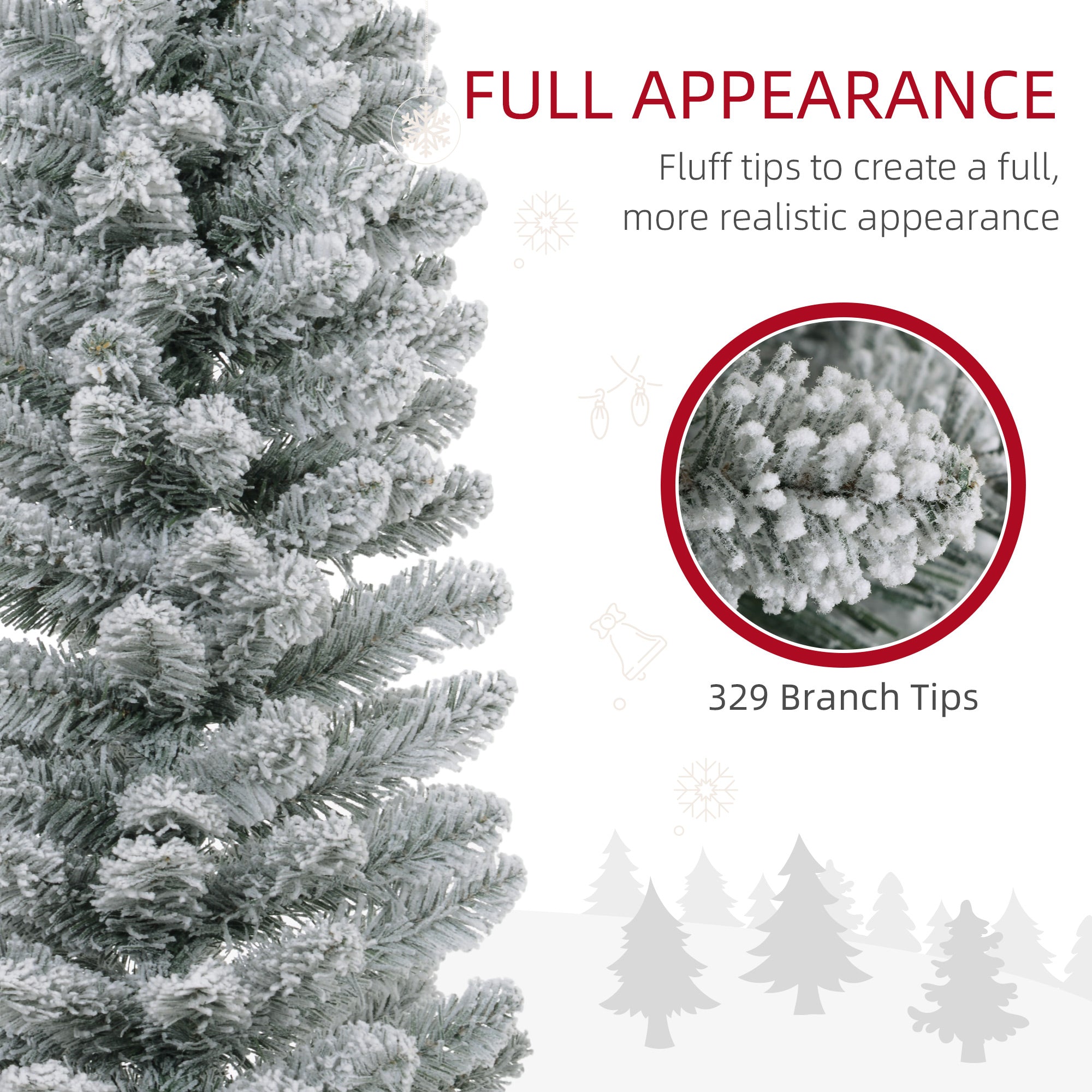 HOMCOM 6ft Snow Flocked Pencil Christmas Tree, Realistic Artificial Xmas Tree with 329 Tips &amp; Metal Base, Space-Saving Green Plastic Tree for Indoor Festive Decor