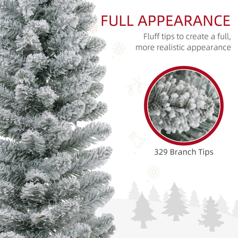 HOMCOM 6ft Snow Flocked Pencil Christmas Tree, Realistic Artificial Xmas Tree with 329 Tips &amp; Metal Base, Space-Saving Green Plastic Tree for Indoor Festive Decor
