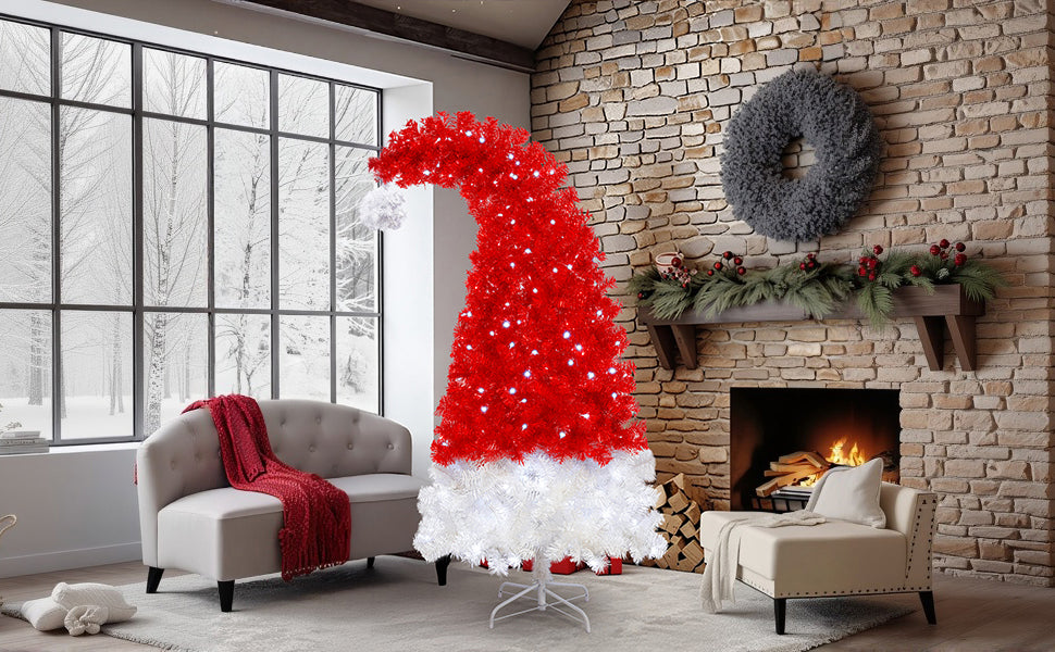 6FT Whimsical Santa Hat Christmas Tree | 1050 PET Tips | Pre-Lit 300 Cold White LEDs | Red & White | Indoor Holiday Decor
