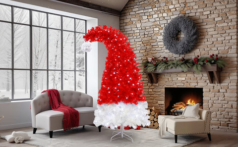 6FT Whimsical Santa Hat Christmas Tree | 1050 PET Tips | Pre-Lit 300 Cold White LEDs | Red & White | Indoor Holiday Decor