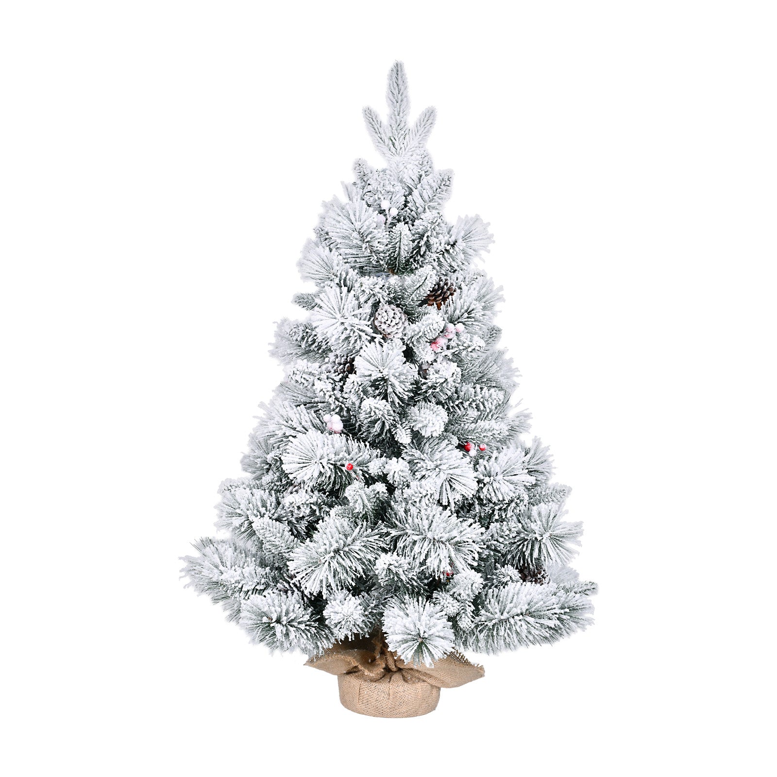 3FT Flocked Snowy Christmas Tree, 170 Tips, PE/PVC & Pine Needle Branches, Pine Cones & Red Berries Decor - Compact White & Green Holiday Tree for Tabletop, Entryway, Office Decor