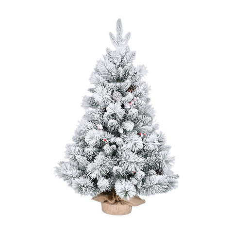 3FT Flocked Snowy Christmas Tree, 170 Tips, PE/PVC & Pine Needle Branches, Pine Cones & Red Berries Decor - Compact White & Green Holiday Tree for Tabletop, Entryway, Office Decor