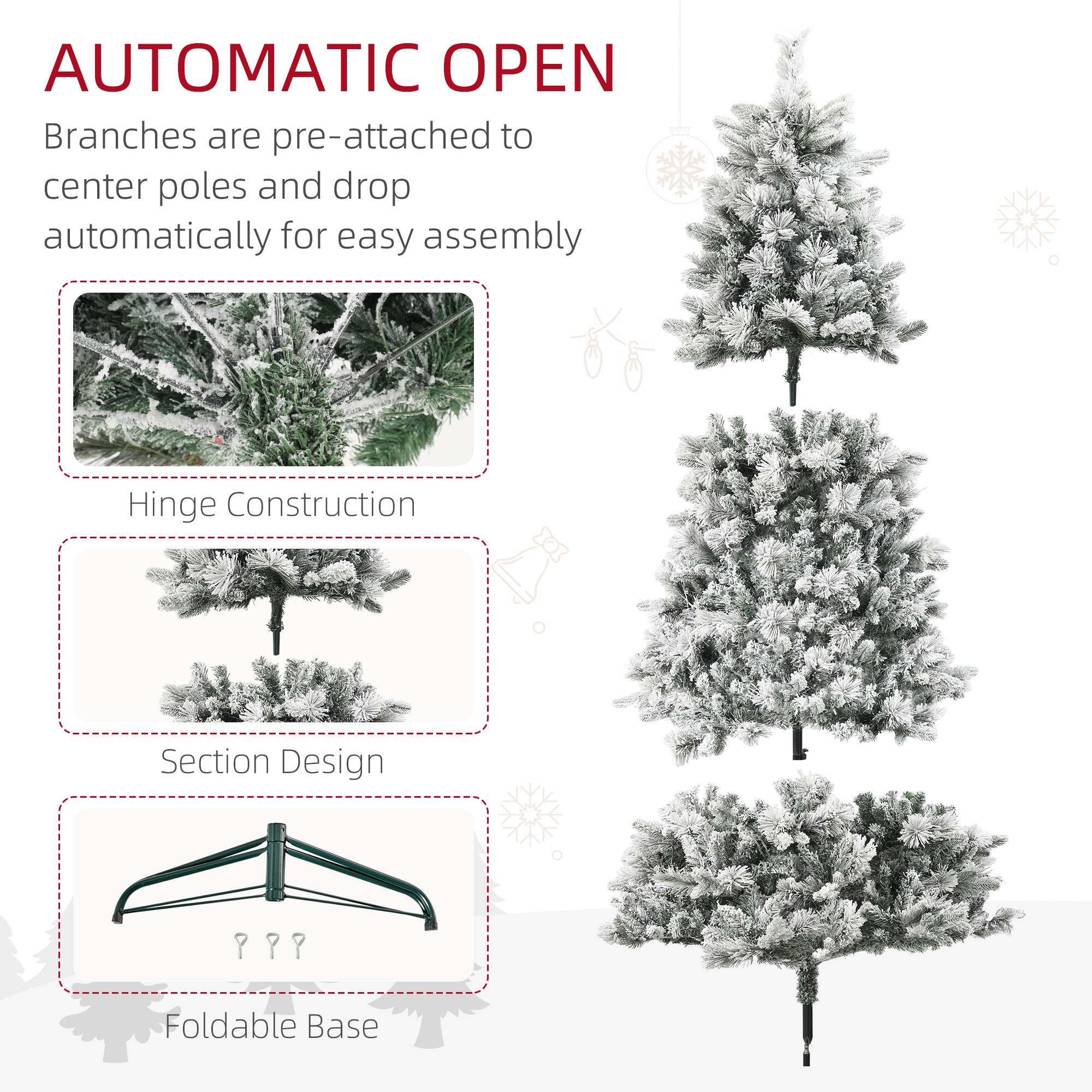 HOMCOM 7.5ft Snow Flocked Pre-Lit Artificial Christmas Tree, 500 Clear Lights, 1530 Tips, Hinged Green Xmas Tree with Metal Stand for Home &amp; Holiday Decor