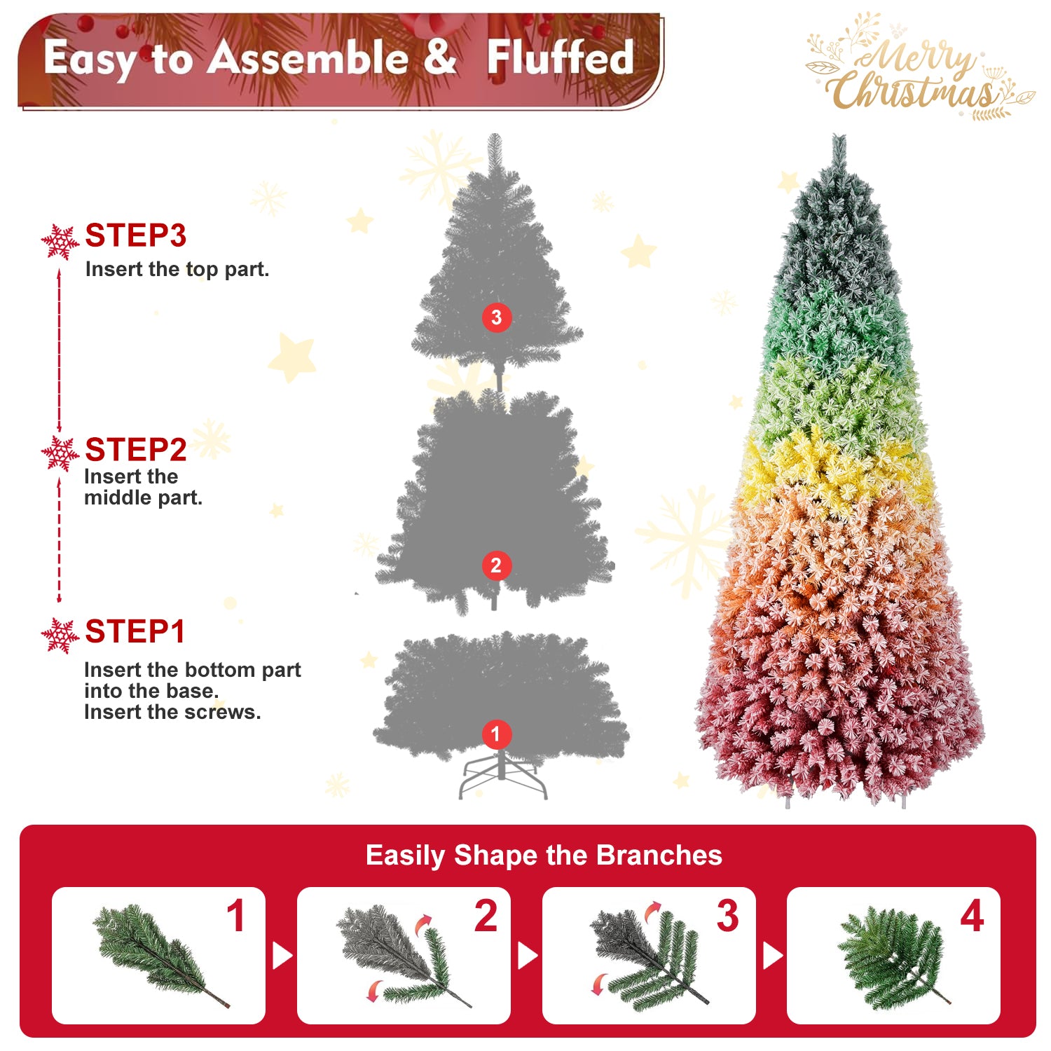 7.5ft Rainbow Gradient Flocked PVC Christmas Tree | 1927 Tips, Full-Bodied Artificial Pine | Snowy Finish, Hinged Design | Sturdy Metal Stand for Festive Home & Holiday Decor