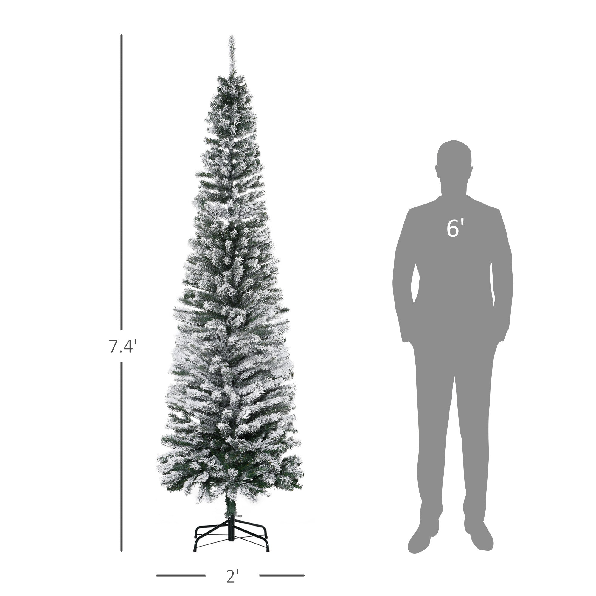 HOMCOM 7.5ft Snow-Flocked Slim Artificial Christmas Tree | Realistic PVC Branches, 738 Tips | Green, Unlit | Sturdy Metal Base for Home Holiday Decor