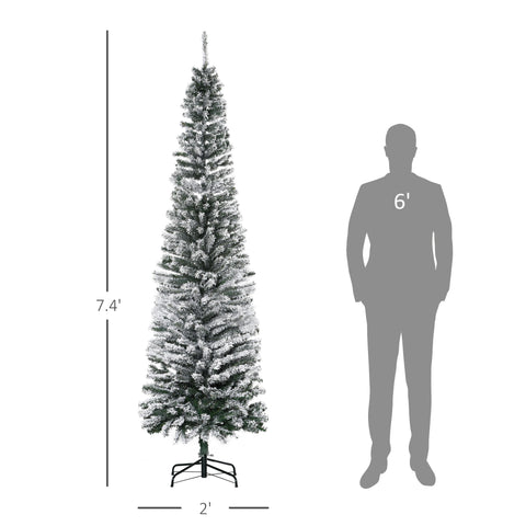 HOMCOM 7.5ft Snow-Flocked Slim Artificial Christmas Tree | Realistic PVC Branches, 738 Tips | Green, Unlit | Sturdy Metal Base for Home Holiday Decor