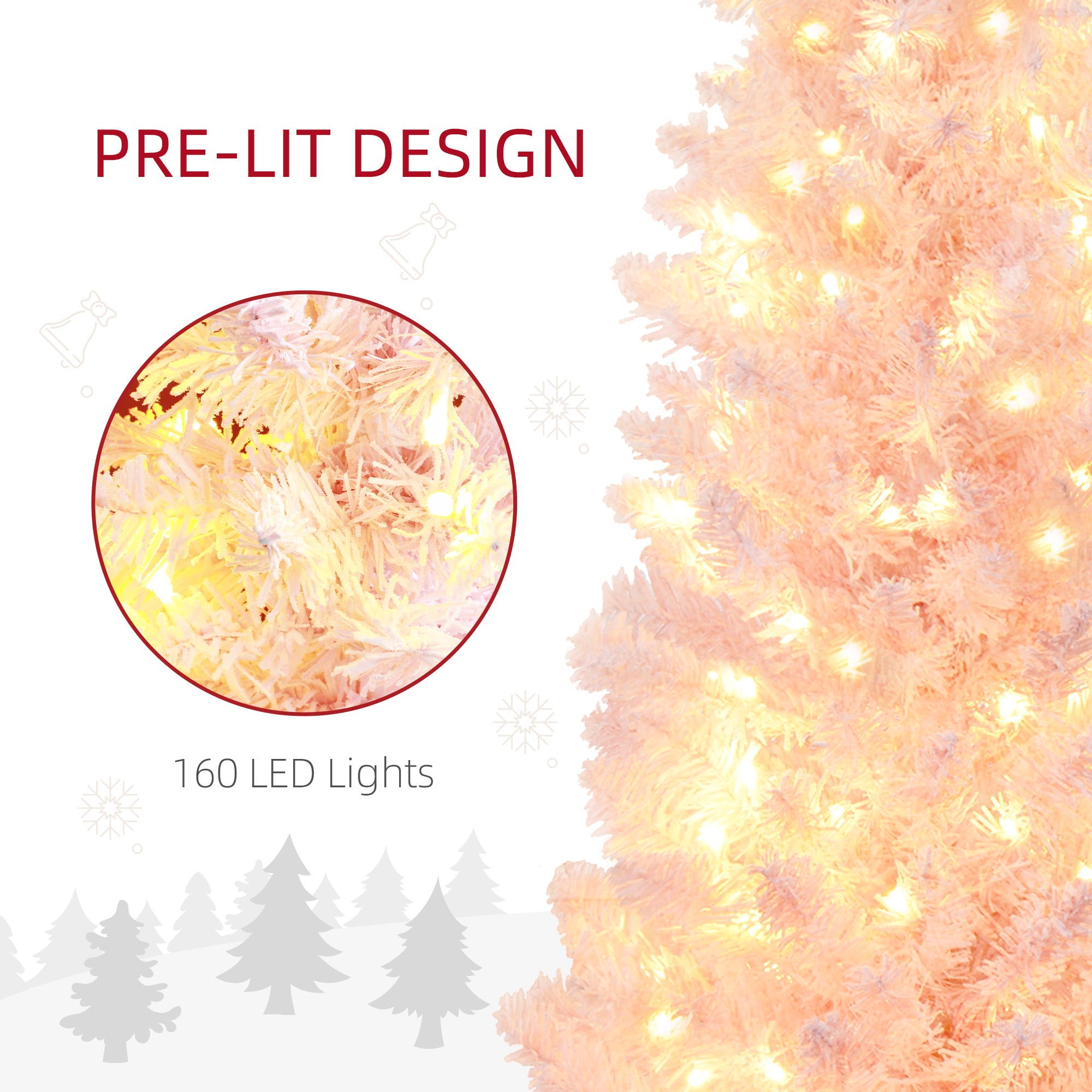 HOMCOM 5' Pink Pre-Lit Slim Noble Fir Artificial Christmas Tree - Snow-Flocked, 160 Warm White LEDs, 294 Tips, Flame-Retardant Plastic - Perfect for Indoor Holiday Decor