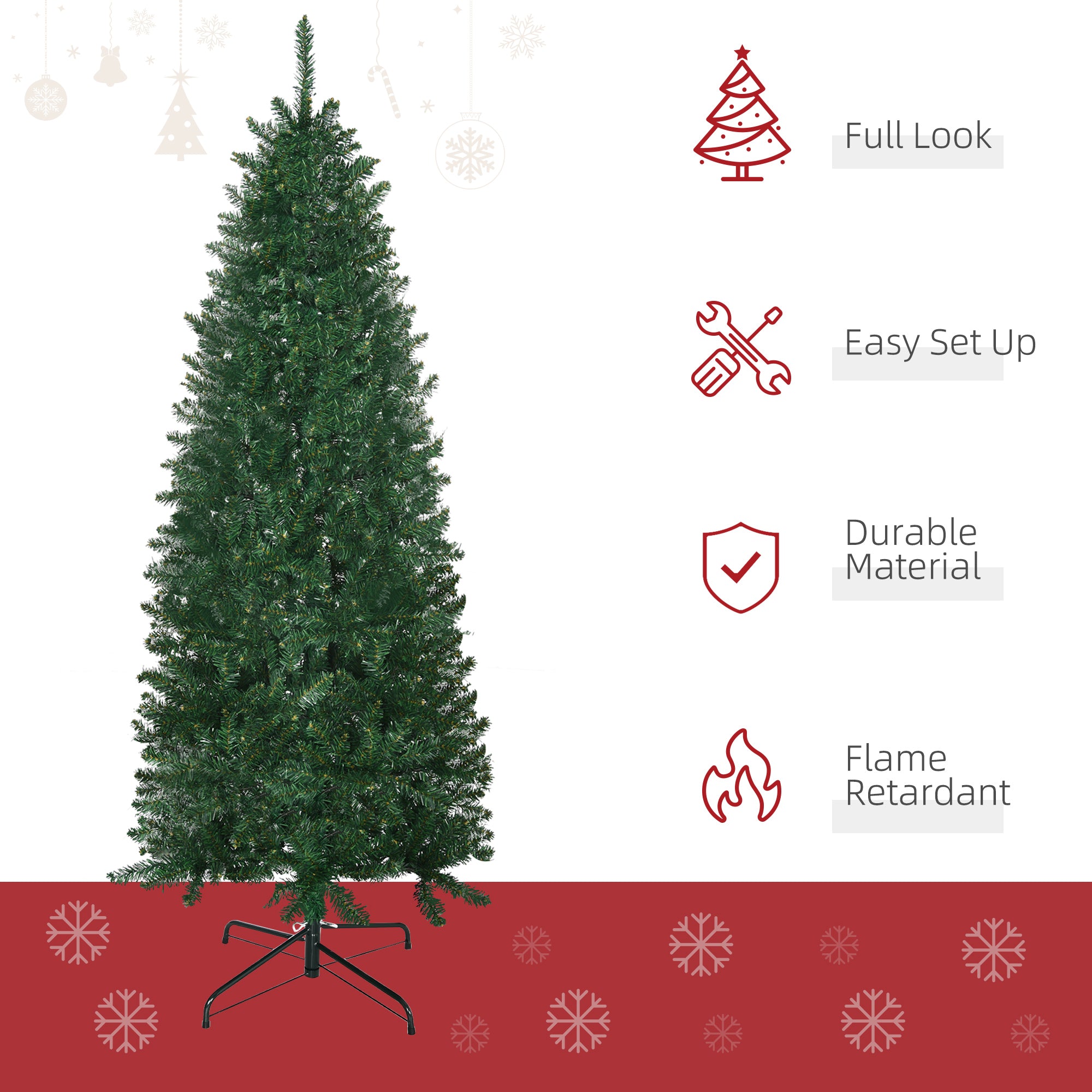 HOMCOM 6ft Slim Fir Artificial Christmas Tree - Realistic Green Fir, 583 Tips, Flame Retardant, Easy Assembly, Space-Saving Design for Home &amp; Living Room Decor