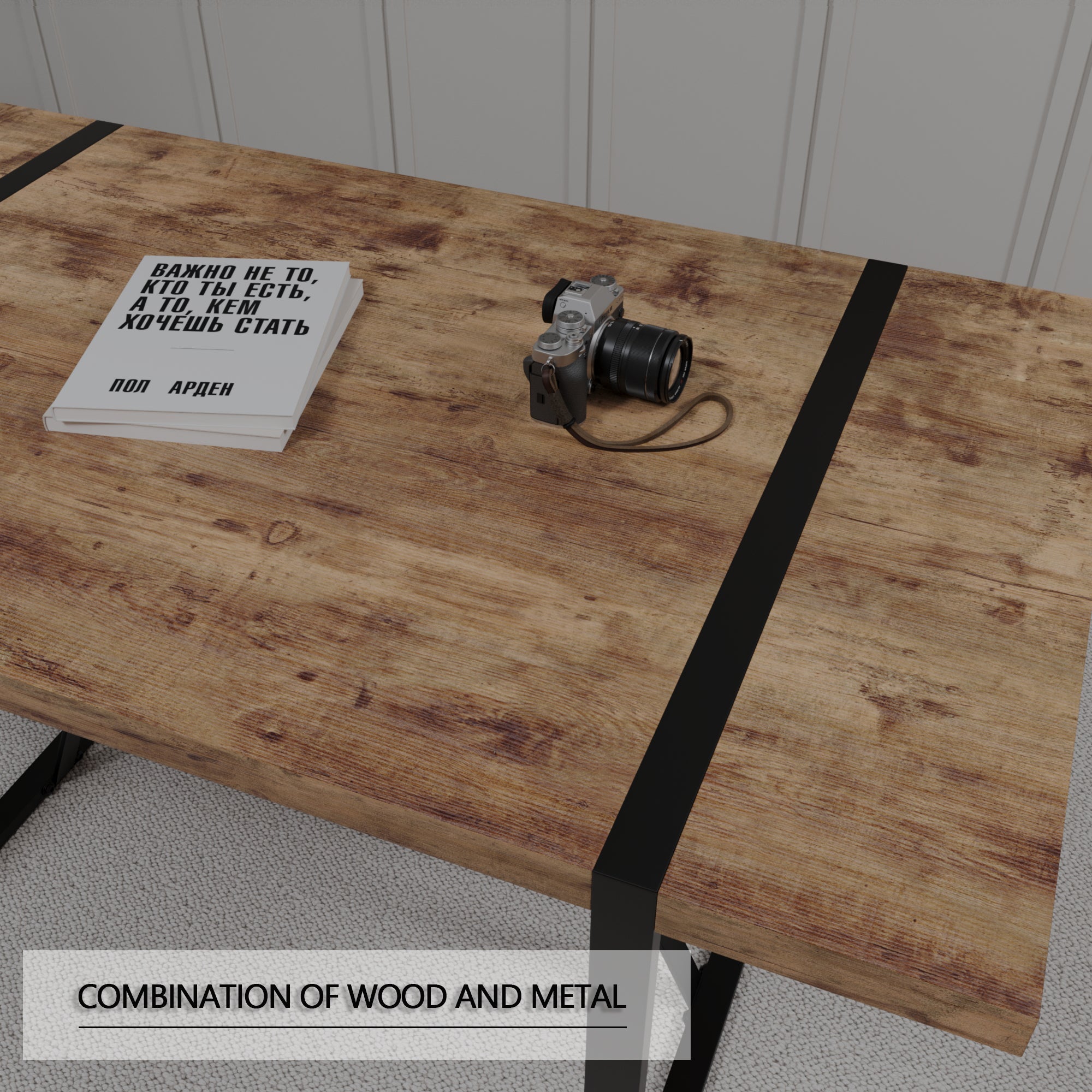 55" Dark Wood MDF Dining Table Set with 4 Grey Suede Chairs - Modern Industrial Rectangular Kitchen Table with Black Metal Base for Dining Room & Kitchen - Comfortable & Stylish