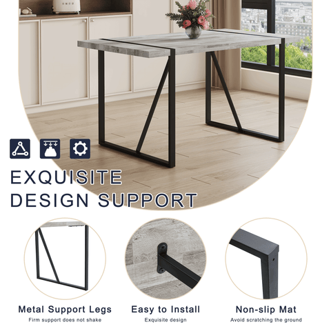 Table and chair set.A minimalist retro rectangular dining table with a specially textured top and black metal legs.Paired With 4 Black Artificial PU Chairs With Curved Widened Cushion Design.