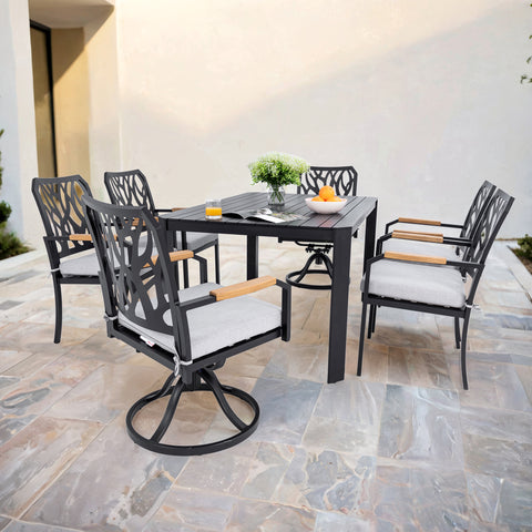 7-PC Bourbon Brown Aluminum Patio Dining Set: 6-Seater Outdoor Furniture with 4 Chairs, 2 Swivel Rockers, Sunbrella Cushions, Branch Backrest, Rectangular Table w/ Umbrella Hole for Garden & Patio Relaxation