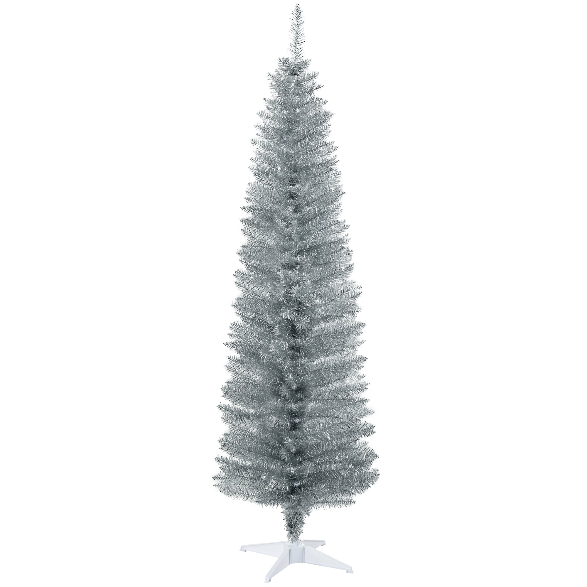 HOMCOM 6ft Slim Pencil Christmas Tree, Silver Unlit Artificial Xmas Tree with 390 Realistic Branch Tips, Flame-Retardant Plastic Stand for Indoor Home Decor