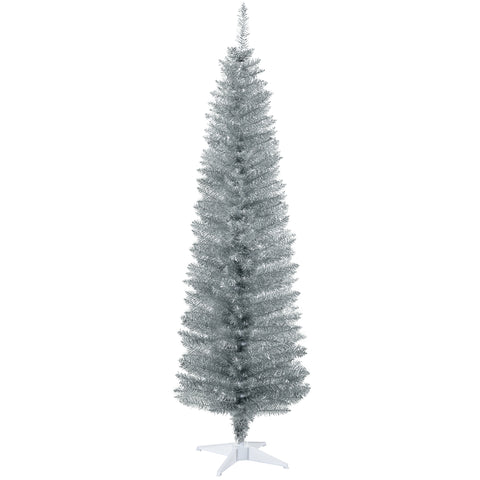 HOMCOM 6ft Slim Pencil Christmas Tree, Silver Unlit Artificial Xmas Tree with 390 Realistic Branch Tips, Flame-Retardant Plastic Stand for Indoor Home Decor