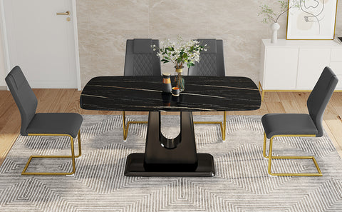 Modern Minimalist Dining Table Set with Imitation Marble Glass Top &amp; U-Bracket Legs - Seats 4-8 - Black &amp; Gold MDF - Perfect for Dining &amp; Living Rooms