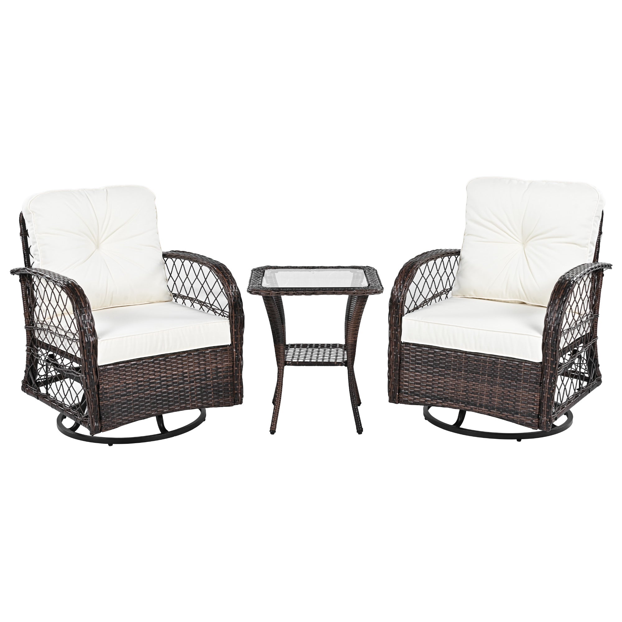 3-Piece Brown Rattan Outdoor Chat Set: 2 Swivel Rocker Chairs &amp; Glass Top Table for Garden Patio Balcony, Weather-Resistant Wicker Seating Group with Cushions