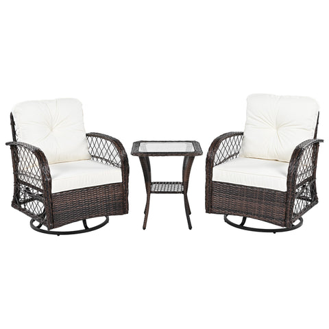 3-Piece Brown Rattan Outdoor Chat Set: 2 Swivel Rocker Chairs &amp; Glass Top Table for Garden Patio Balcony, Weather-Resistant Wicker Seating Group with Cushions