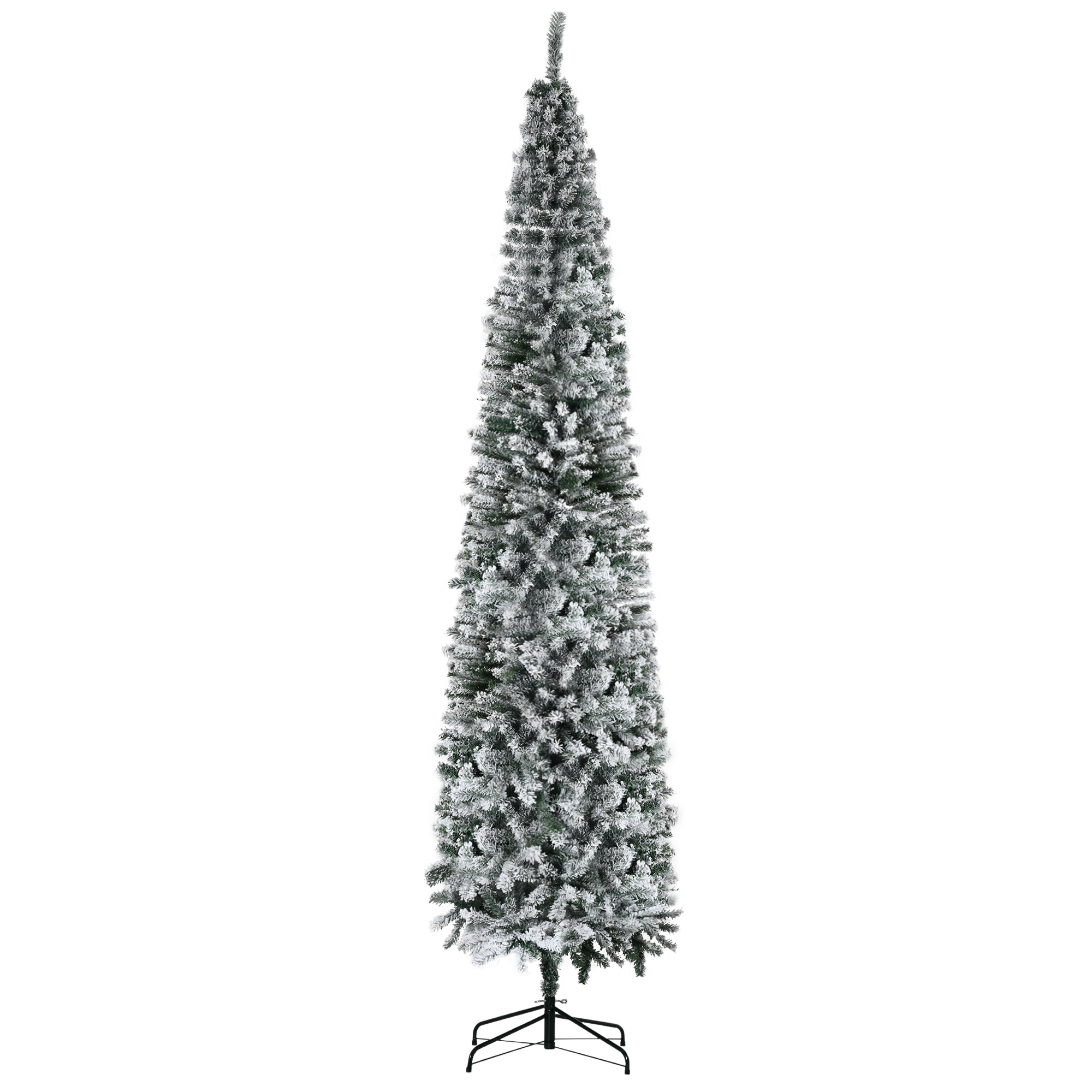 HOMCOM 9' Unlit Snow-Flocked Slim Artificial Christmas Tree, Realistic PVC Branches, 1014 Tips, Green, Sturdy Metal Base for Home & Office Holiday Decor