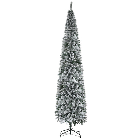 HOMCOM 9' Unlit Snow-Flocked Slim Artificial Christmas Tree, Realistic PVC Branches, 1014 Tips, Green, Sturdy Metal Base for Home & Office Holiday Decor