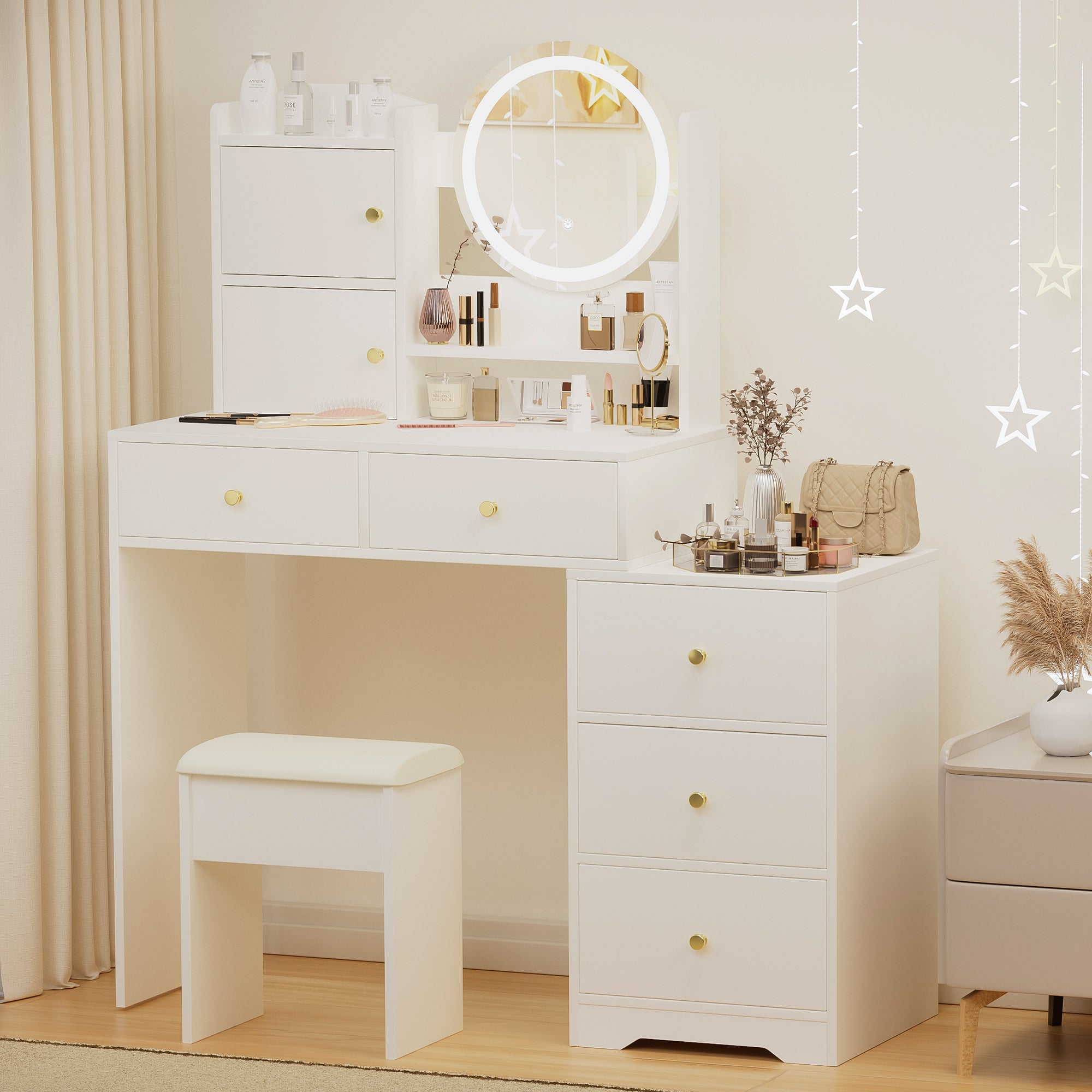 Fashion Vanity Desk with Mirror & Lights, 5 Drawers, White MDF, 47" Modern Makeup Table Set with Cushioned Stool, Adjustable 3-Color LED Lighting, Bedroom Furniture, Ideal Gift