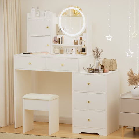 Fashion Vanity Desk with Mirror & Lights, 5 Drawers, White MDF, 47" Modern Makeup Table Set with Cushioned Stool, Adjustable 3-Color LED Lighting, Bedroom Furniture, Ideal Gift