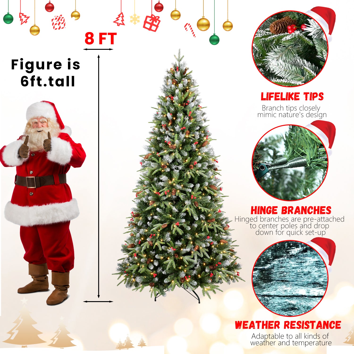 9FT Snow-Tipped Christmas Tree | 750 Warm White LEDs | Realistic PE/PVC Branches | Berries &amp; Pine Cones | Hinged for Easy Setup | Stable Metal Stand | Festive Holiday Decor
