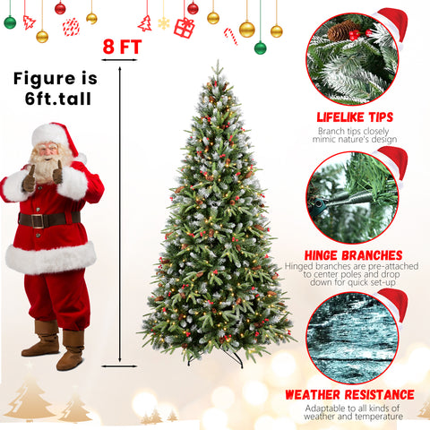 8FT Snow-Tipped Christmas Tree with 600 Warm White LEDs, 2850 PE+PVC Branches, Berries &amp; Pine Cones, Hinged Design, Metal Stand - Realistic Holiday Home Decor