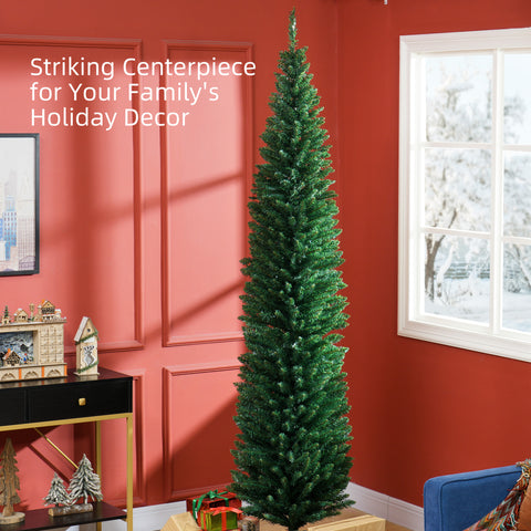 HOMCOM 8ft Slim Pencil Christmas Tree | 618 Realistic Branch Tips | Flame-Retardant Plastic | Green | Indoor Home & Fireplace Decor | Easy Assembly & Storage
