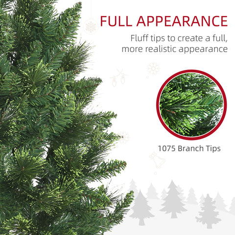 HOMCOM 7.5ft Pencil Artificial Christmas Tree - Realistic Green Pine Needles, 1075 Branches, Auto-Open, Steel Base for Indoor Holiday Decor