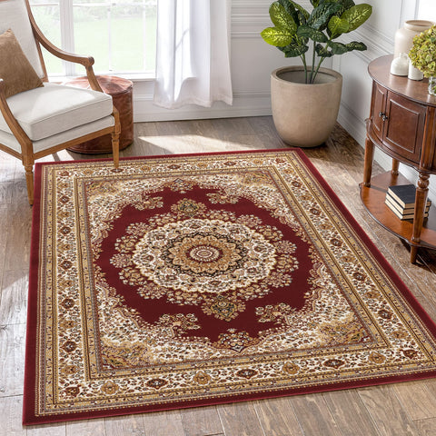 Manchester GC Red Traditional Medallion Area Rug - 9'2" x 12'6" 100% Polypropylene, Machine-Made in Turkey, Stain-Resistant, Kid &amp; Pet Friendly, Low Pile for Entryways &amp; Living Rooms