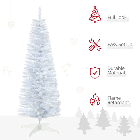 HOMCOM 5' Snow Flocked Pencil Christmas Tree - Slim White Xmas Tree with Realistic Branches & Plastic Base for Indoor Home Decoration. Easy Assembly & Storage.