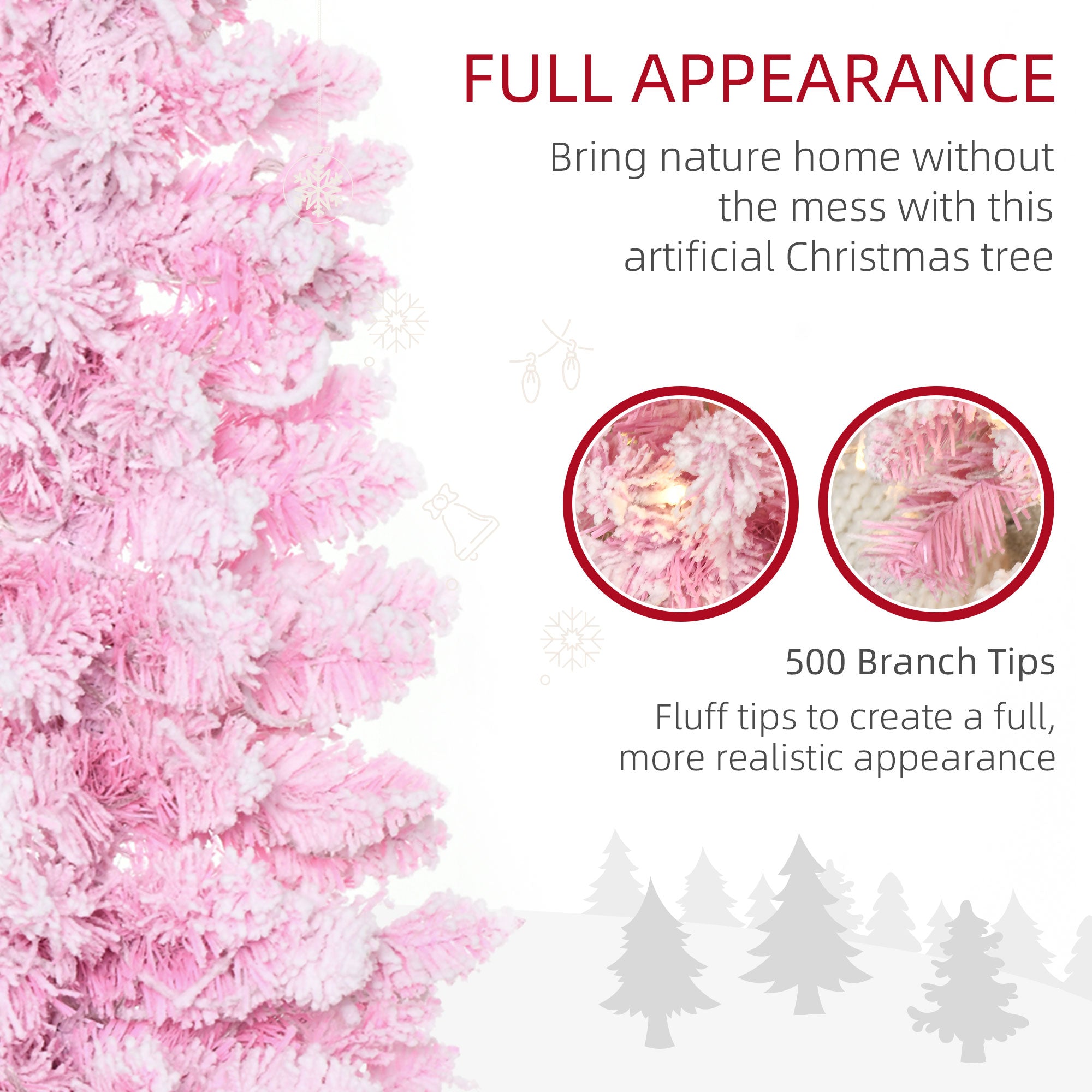 HOMCOM 6ft Pink Snow Flocked Pencil Christmas Tree | Realistic Pine Branches, Warm White LEDs, Auto Open | Indoor Holiday Decor