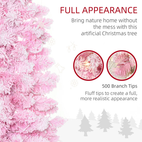 HOMCOM 6ft Pink Snow Flocked Pencil Christmas Tree | Realistic Pine Branches, Warm White LEDs, Auto Open | Indoor Holiday Decor