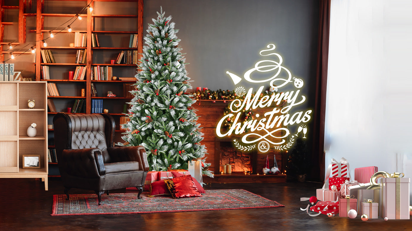 5FT Snow-Dusted Christmas Tree: 1131 Tips, Red Berries &amp; Pine Cones, Hinged PE+PVC Branches, Metal Stand - Full Natural Holiday Decoration for Home &amp; Office