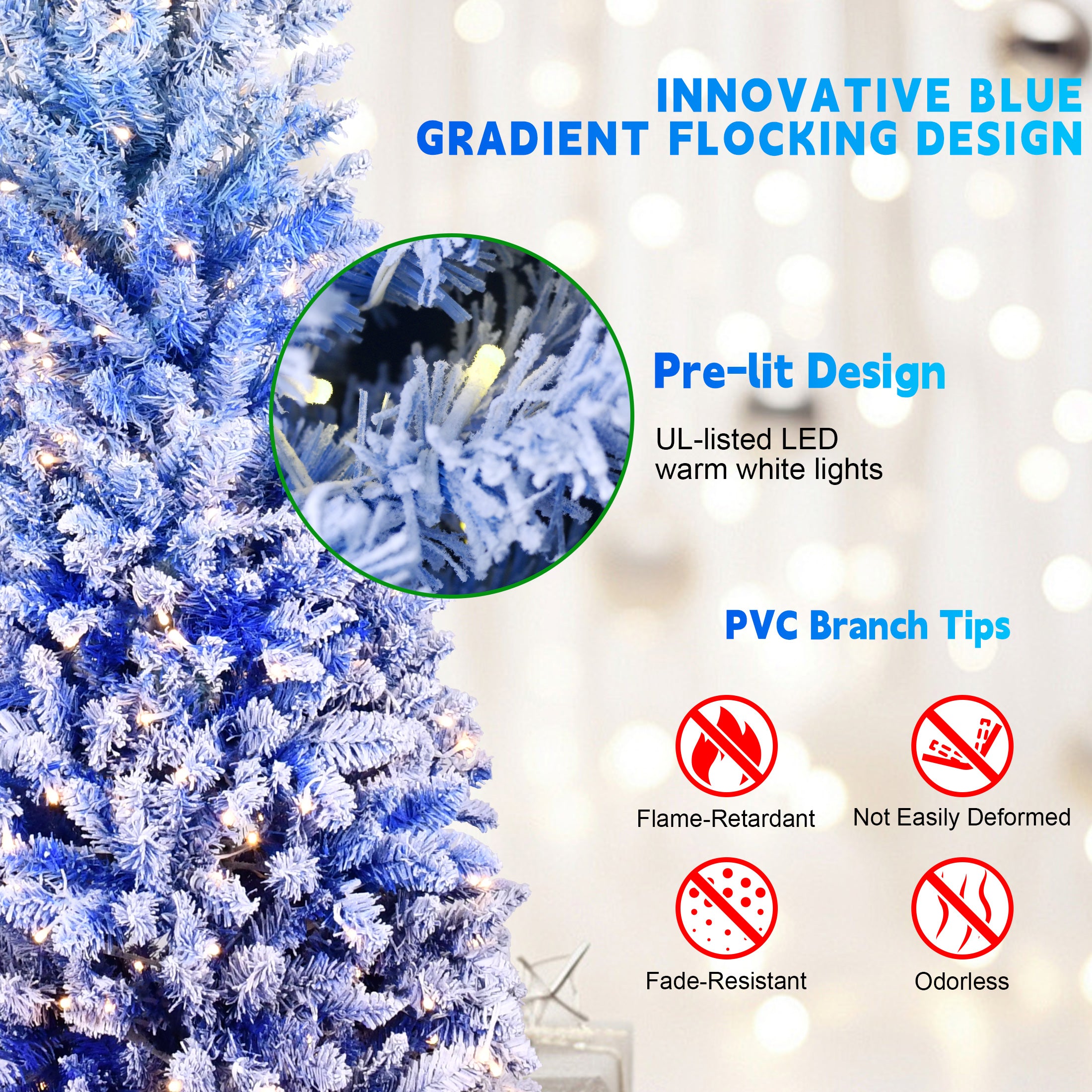 6FT Blue Gradient Flocked Pencil Christmas Tree - 200 Warm White LED Lights, 485 Tips, Hinged Branches, Slim Design, Metal Stand for Festive Home & Office Holiday Decor