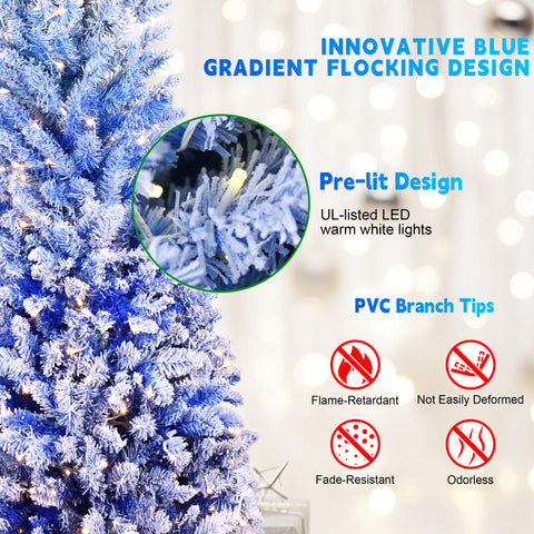6FT Blue Gradient Flocked Pencil Christmas Tree - 200 Warm White LED Lights, 485 Tips, Hinged Branches, Slim Design, Metal Stand for Festive Home & Office Holiday Decor