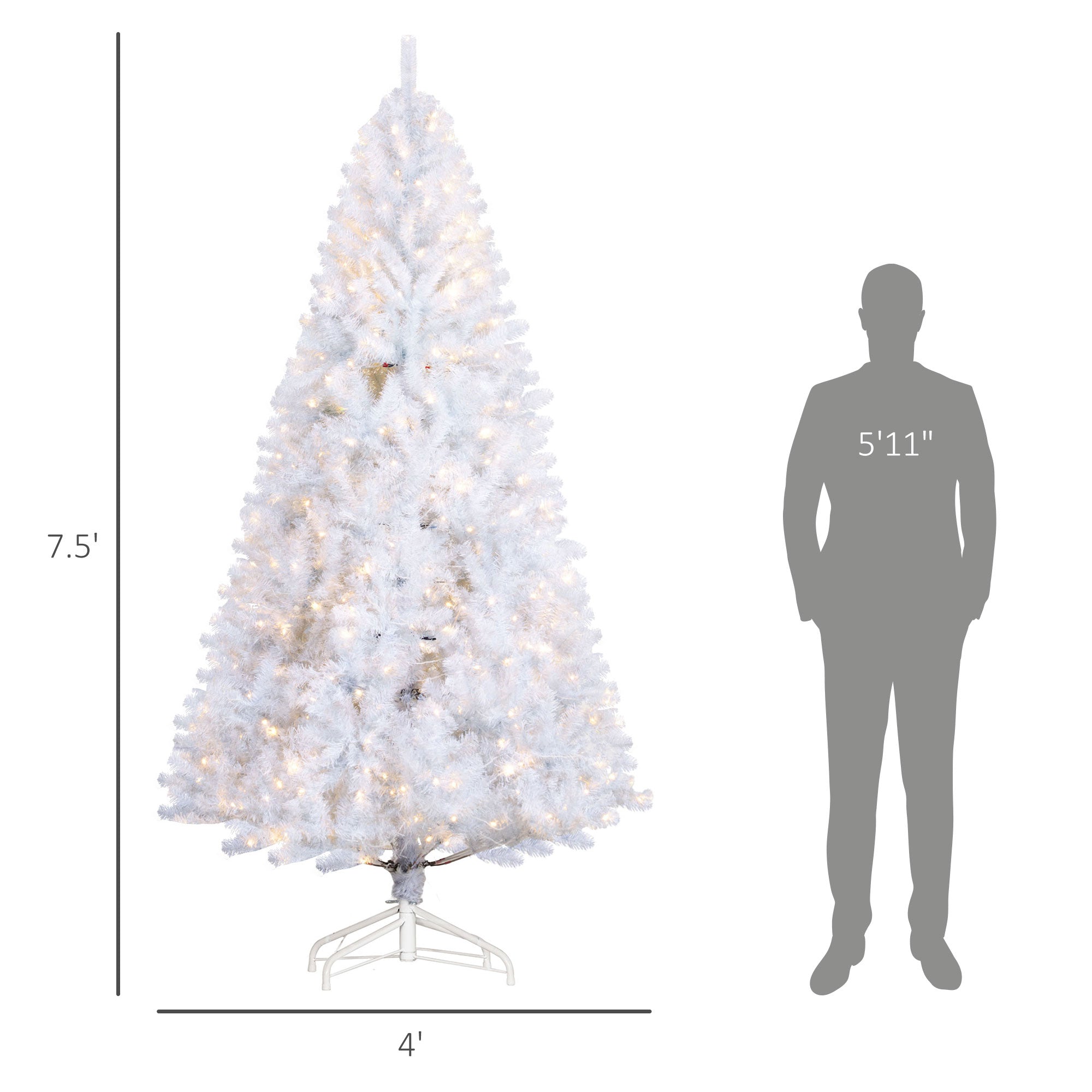 HOMCOM 7.5ft White Douglas Fir Artificial Christmas Tree | 500 Warm White LED Lights, 1346 Realistic Tips | Hinged, Easy Setup for Home Holiday Decor