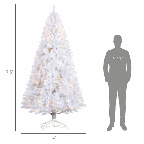 HOMCOM 7.5ft White Douglas Fir Artificial Christmas Tree | 500 Warm White LED Lights, 1346 Realistic Tips | Hinged, Easy Setup for Home Holiday Decor