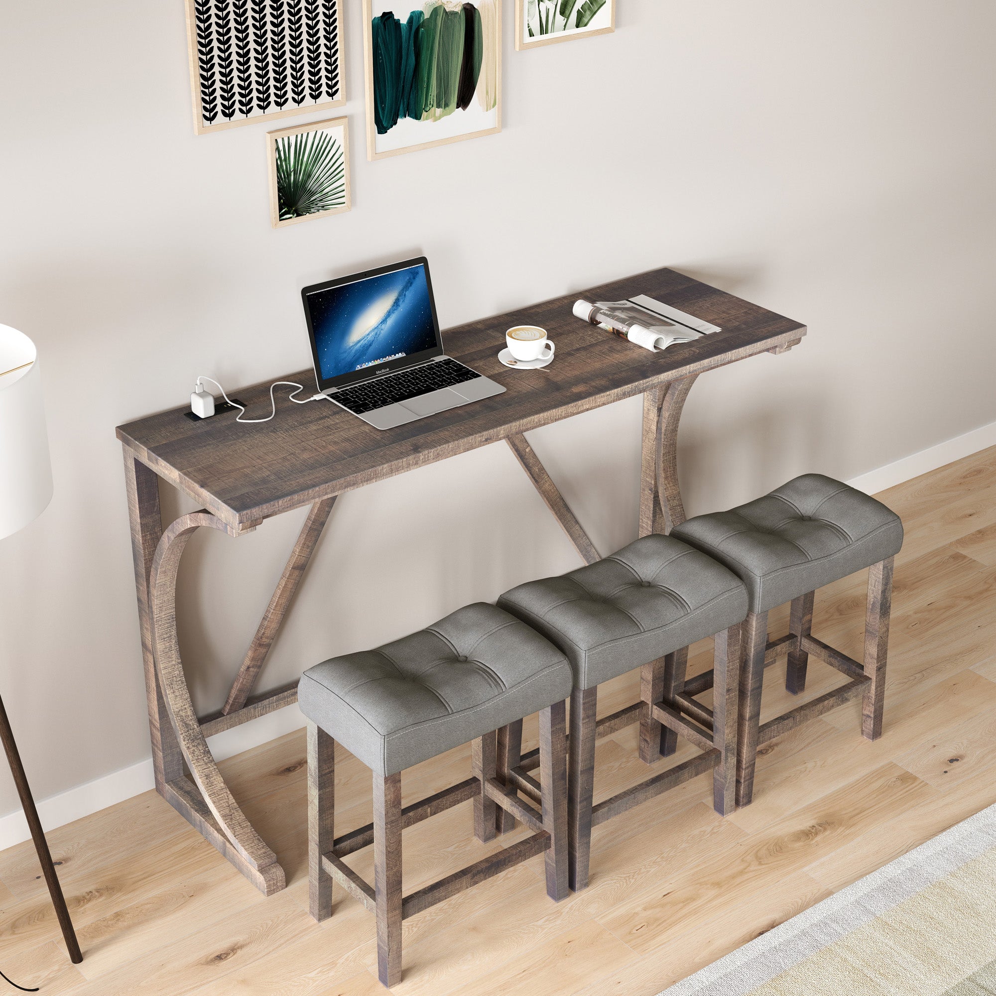 Industrial 4-Piece Bar Table Set with Power Outlet - Rustic Wood Grain Dining Table &amp; Comfy Linen Stools (59"x19"x36") - Space-Saving Breakfast Nook for Living Room, Game Room