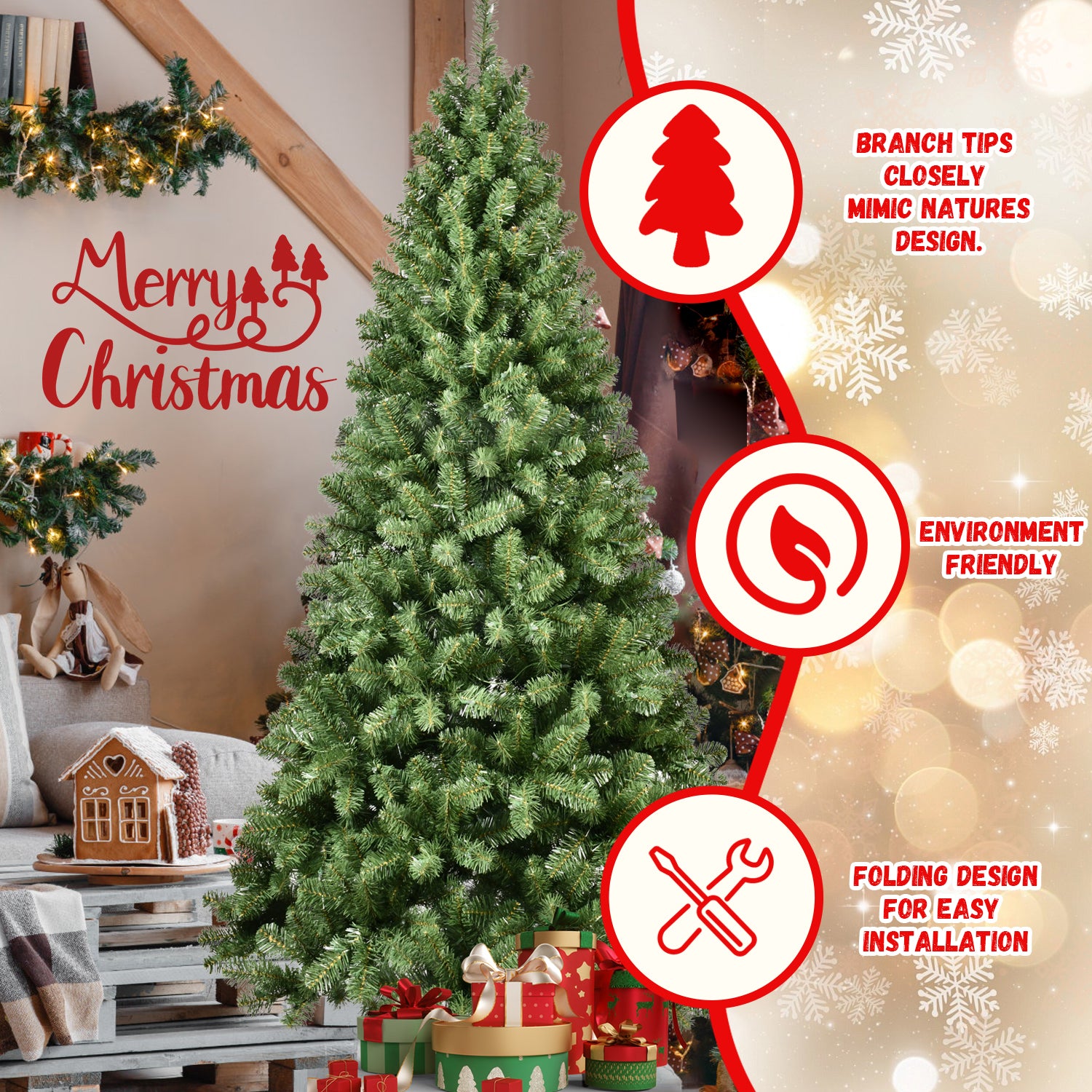 6ft Pre-Lit Green PVC Christmas Tree | 779 Tips &amp; 300 UL Warm White Lights | Auto-Unfold Memory Wire for Easy Assembly | Durable Metal Stand | Perfect for Indoor Holiday Decor